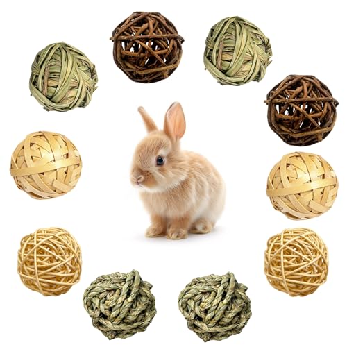 10 Stück Hasen Spielzeug, Kaubälle, Kaninchen Zubehör, Naturspielzeug Set für Kleintiere, Bälle aus Weide und Rattan für Zahnpflege und Beschäftigung, für Kaninchen, Hamster und Meerschweinchen