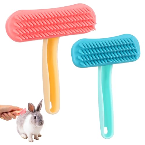 2 Stück Bunny Bürste, Silikon Kaninchenpflege Bürsten Silikonbürste, Kleine Haustiere Silikonkamm für Kätzchen Welpen Kaninchen Meerschweinchen Fellpflege Bad & Massagekamm (Rosa, Blau)