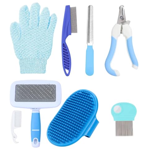 8 Stück Kaninchen Pflege Set, Kleintierpflegeset mit Nagelknipser Trimmer Haustier Feile Haustiermassage Kamm Badhandschuh Floh Fellpflege-Set für Kaninchen Meerschweinchen Welpen (blau)