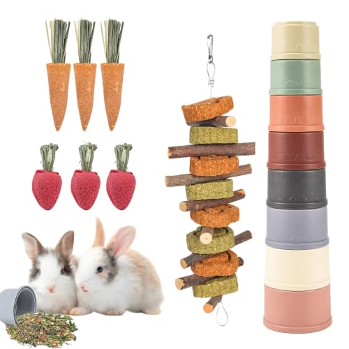 8 Stück Kaninchen Spielzeug Set , Stapelturm Holz Karotte Erdbeere Heu