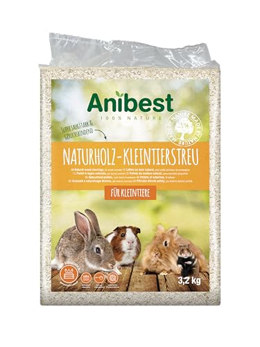Anibest Kleintierstreu, 100% natürliche Einstreu für Kaninchen, Hamster, Meerschweinchen & Co, saugfähige Weichholzspäne, staubfrei & geruchsbindend, 3,2 kg/ 60 l
