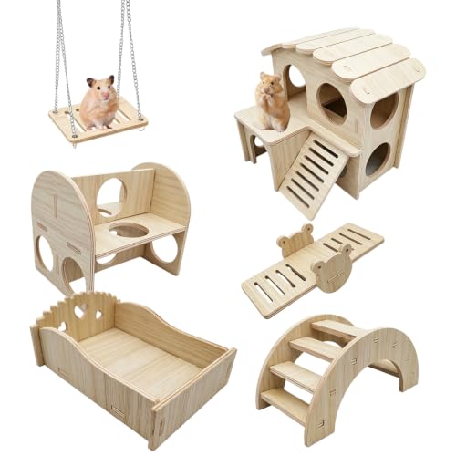 FENGQQKJ 6-Teiliges Set Hamsterhaus aus Holz, Hamster Spielzeug Zubehör für Meerschweinchen Rennmaus Zwerghamster Chinchilla