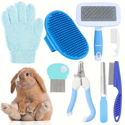 JIRVEX 8-teiliges Kaninchen Pflege Set blau mit Krallenschere Kaninchen Flohkamm Badebürste Handschuh Slicker Bürste Kamm für Hasen Meerschweinchen Welpen Kätzchen kleine Tiere