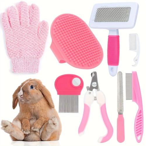JIRVEX 8er Kaninchen Pflege Set rosa – Hasen Zubehör mit Nagelknipser, Feile, Flohkamm, Kaninchen Bürste, Badebürste und Massagehandschuh für Hase, Zwergkaninchen, Meerschweinchen