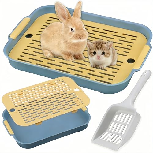 Kaninchen Toilette mit Schaufel, Kaninchentoilette 37 x 24 x 5 cm, Tablett Hasentoilette, Kaninchenklo, Kleintier Klo für Hasen Meerschweinchen Hamster，Blau – mit Schaufel