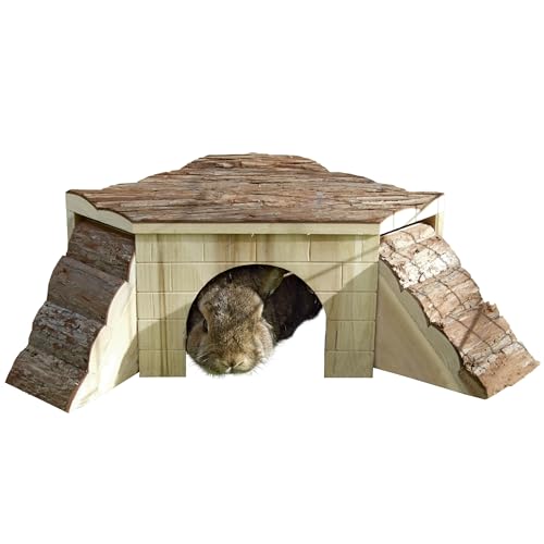 Kerbl Pet Nagerhaus, Kaninchenhaus, 37x37x16 cm, Holz Natur, Zwei Rampen, Dach als Aussichtsplattform, Rückzugmöglichkeit, vormontiert