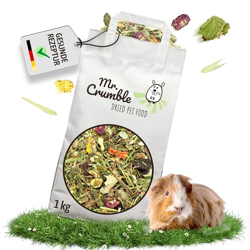 Mr. Crumble Meerschweinchen-Futter – 100 % natürlich, getreidefrei, ohne Pellets – mit Blüten & Kräutern – rohfaserreiches Strukturfutter für gesunde Verdauung – 1 kg